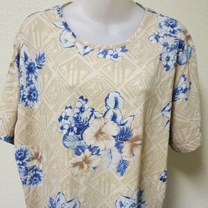 Fashion Bug Women's Beige/Blue Floral Short Sleeve Scoop Neck Blouse Size 1XL